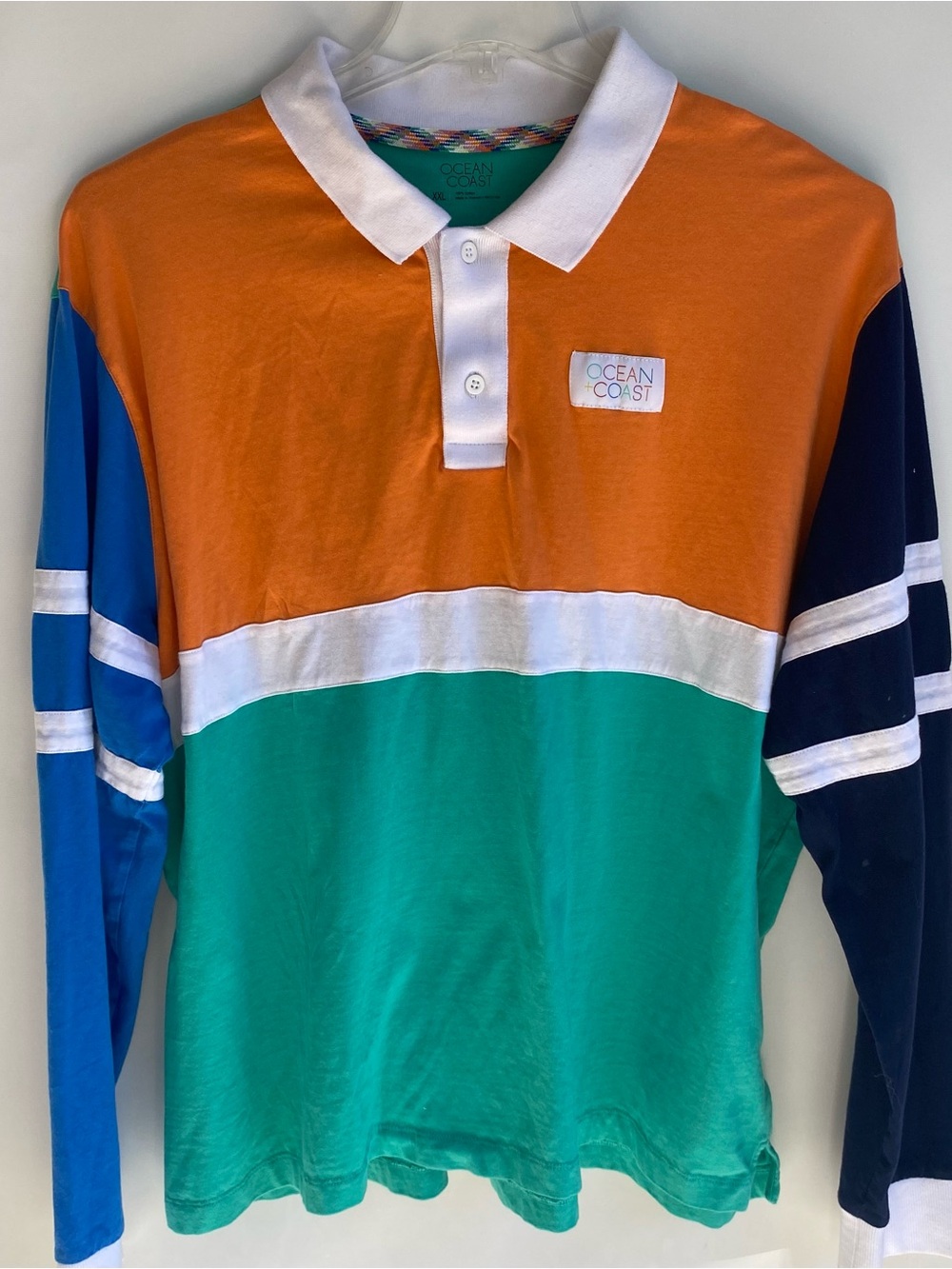 Mens Ocean Coast cotton long sleeve color blocked collar button down rugby polo